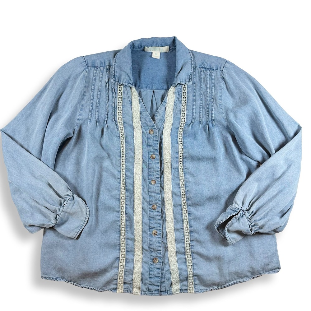 Bunulu Womens Blue Tencel Lace Trim‎ Pintuck Button Down Top Medium Cottagecore